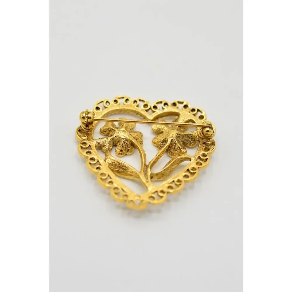 Vintage Pin Brooch Gold Floral Flower Heart Faux Seed Pearl Bead Metal 1980s 9B